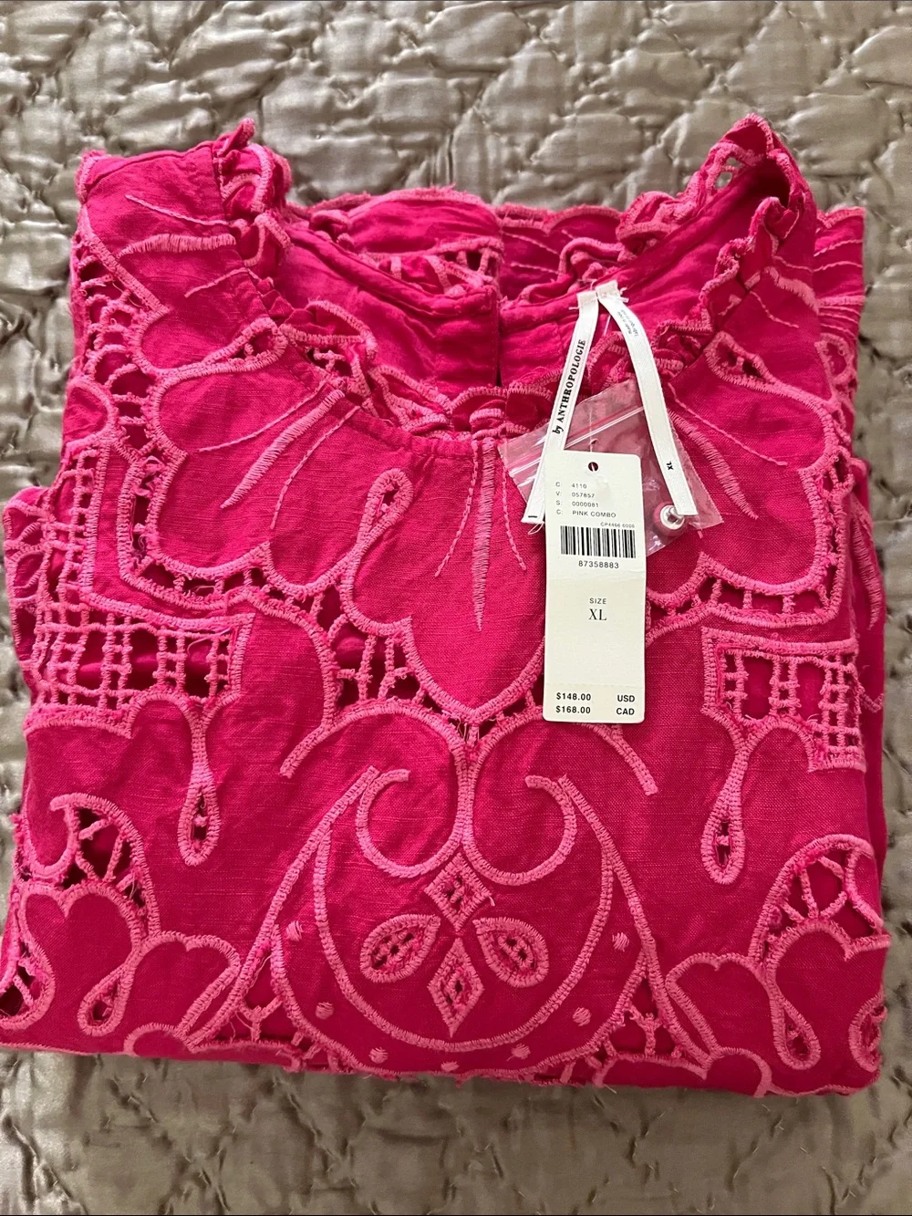 Anthropologie Fuchsia Pink Embroidered Long-Sleeve Blouse Size 14-16.